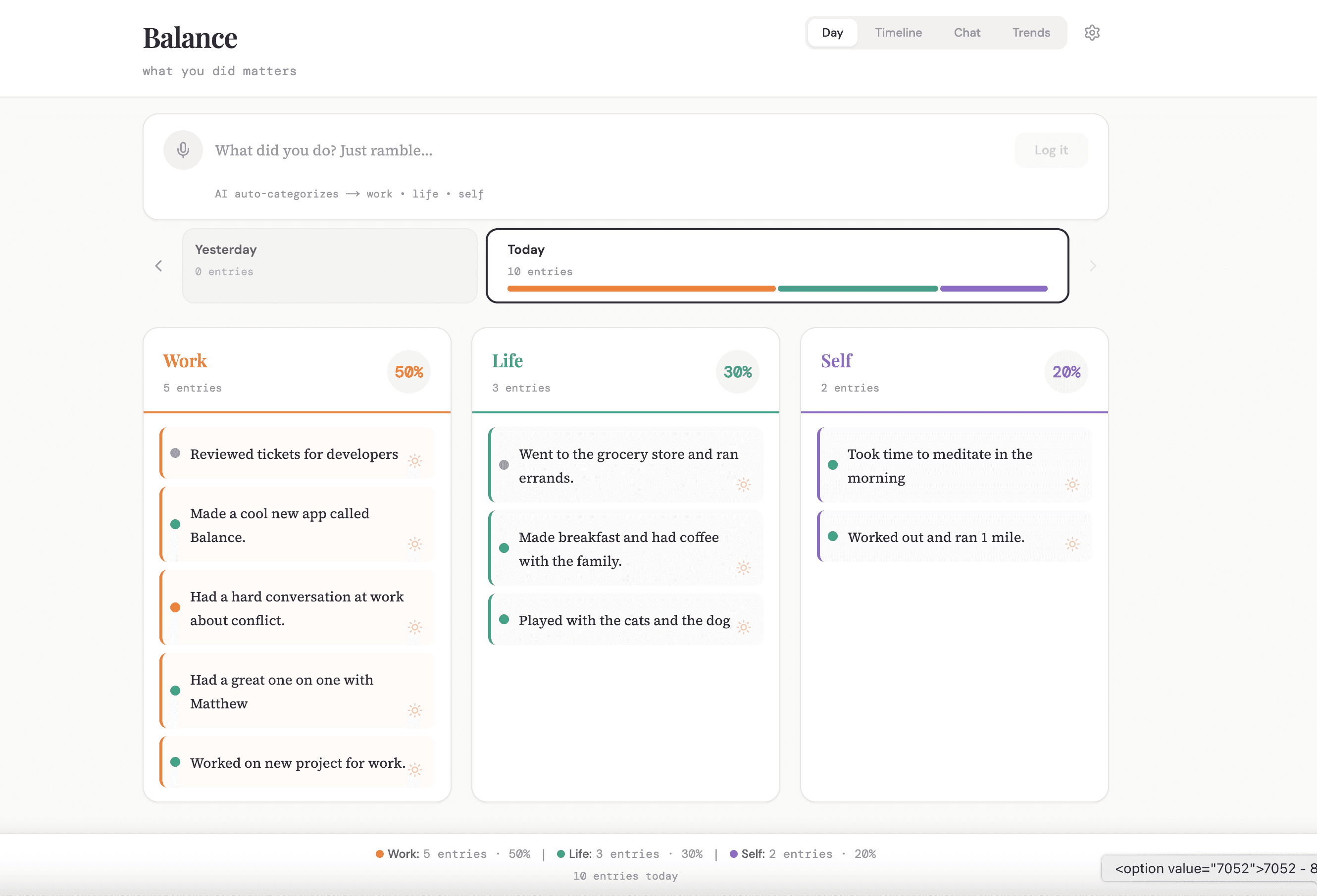 Balance app showing daily activity log